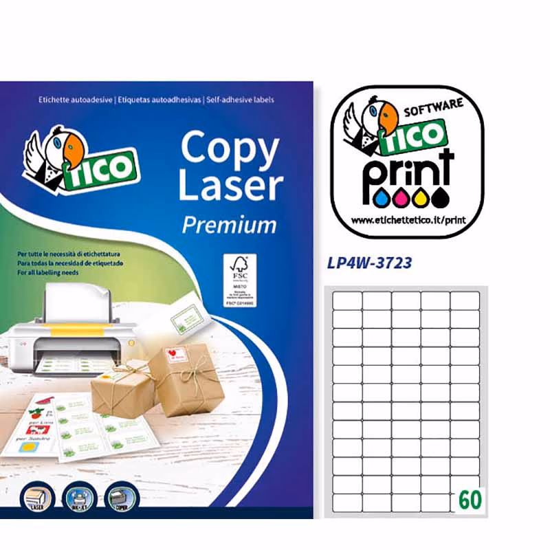 Immagine di Etichette adesive in carta bianca certificata FSC®, 37,5x23,5mm, 60 etichette per foglio, 100 fogli