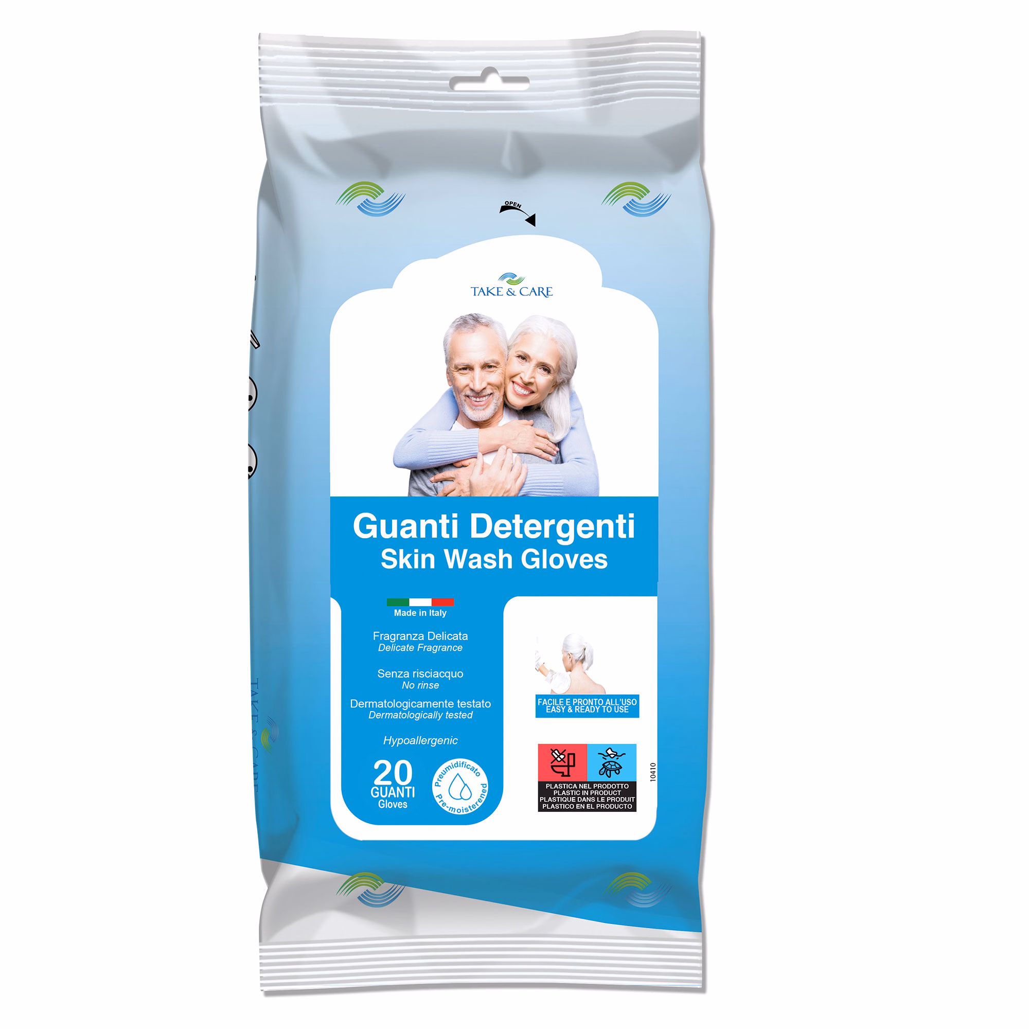 Immagine di Guanti detergenti rinfrescanti e profumati TAKE A CARE colore bianco - 20 pezzi